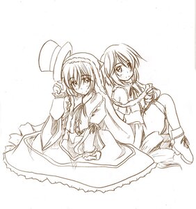 Rating: Safe Score: 0 Tags: 2girls blush brown_theme dress frills hat hat_removed headwear_removed holding_clothes holding_hat image long_sleeves looking_at_viewer monochrome multiple_girls pair ribbon rozen_maiden short_hair siblings sisters sitting souseiseki suiseiseki top_hat twins white_background zero_point User: admin