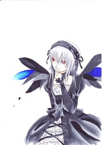 Rating: Safe Score: 0 Tags: 1girl black_dress cowboy_shot dress frills hairband image juliet_sleeves long_hair long_sleeves looking_at_viewer puffy_sleeves red_eyes ribbon silver_hair solo suigintou white_background wings User: admin