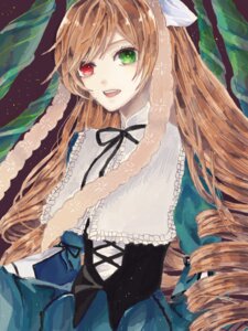 Rating: Safe Score: 0 Tags: 1girl bow brown_hair dress drill_hair frills green_eyes heterochromia image long_hair looking_at_viewer open_mouth red_eyes ribbon smile solo suiseiseki very_long_hair User: admin