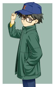 Rating: Safe Score: 0 Tags: 1boy adjusting_clothes adjusting_headwear black_hair blue_headwear blue_pants brown_eyes closed_mouth glasses green_background hand_in_pocket hat human jacket long_sleeves looking_at_viewer pants pocket sakurada_jun simple_background solo standing striped User: admin