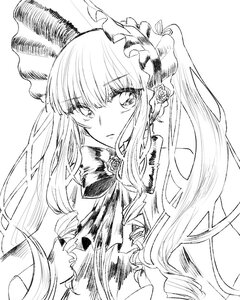 Rating: Safe Score: 0 Tags: 1girl bonnet closed_mouth drill_hair eyebrows_visible_through_hair flower greyscale image long_hair looking_at_viewer monochrome ringlets rose shinku simple_background solo twin_drills upper_body white_background User: admin