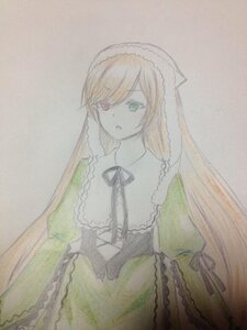 Rating: Safe Score: 0 Tags: 1girl black_ribbon brown_hair dress eyebrows_visible_through_hair frills green_dress green_eyes heterochromia image long_hair long_sleeves red_eyes ribbon simple_background solo suiseiseki traditional_media very_long_hair watercolor_(medium) User: admin