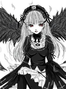 Rating: Safe Score: 0 Tags: 1girl black_wings dress feathered_wings feathers flower frills hairband image joints juliet_sleeves lolita_hairband long_hair long_sleeves looking_at_viewer monochrome red_eyes rose solo suigintou white_background wings User: admin