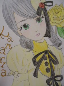 Rating: Safe Score: 0 Tags: 1girl colored_pencil_(medium) flower green_eyes hair_flower hair_ornament image kanaria looking_at_viewer marker_(medium) puffy_sleeves red_flower red_rose ribbon rose sample short_hair smile solo traditional_media watercolor_(medium) yellow_dress yellow_rose User: admin