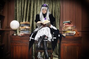 Rating: Safe Score: 0 Tags: 1girl black_footwear book bookshelf boots closed_eyes dress flower indoors long_hair purple_rose rose silver_hair sitting solo suigintou User: admin