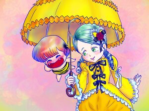 Rating: Safe Score: 0 Tags: 1girl black_umbrella blush dress flower green_eyes green_hair hair_ornament holding_umbrella image kanaria parasol red_hair red_umbrella shared_umbrella short_hair smile solo umbrella yellow_dress User: admin