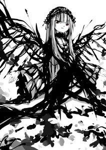 Rating: Safe Score: 0 Tags: 1girl bangs closed_mouth dress flower greyscale hairband image long_hair long_sleeves looking_at_viewer monochrome rose solo suigintou very_long_hair white_background wings User: admin