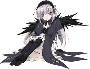 Rating: Safe Score: 0 Tags: 1girl black_dress black_wings detached_collar dress flower frills full_body hairband image long_hair long_sleeves looking_at_viewer pink_eyes puffy_sleeves rose silver_hair sitting smile solo suigintou white_background wings User: admin