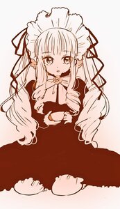 Rating: Safe Score: 0 Tags: 1girl dress drill_hair long_hair long_sleeves looking_at_viewer monochrome ribbon shinku solo twintails very_long_hair User: admin