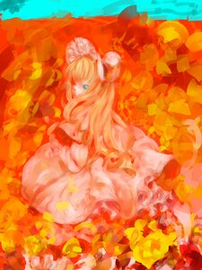Rating: Safe Score: 0 Tags: 1girl blonde_hair blue_eyes dress fire flower frills image long_hair looking_at_viewer looking_back shinku solo white_dress User: admin
