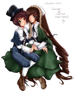 Rating: Safe Score: 0 Tags: 2girls blue_dress boots brown_hair dress full_body green_dress green_eyes hat head_scarf holding_hands image long_hair long_sleeves looking_at_viewer multiple_girls pair red_eyes short_hair siblings sisters sitting souseiseki suiseiseki top_hat twins very_long_hair white_background User: admin