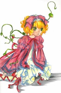 Rating: Safe Score: 0 Tags: 1girl blonde_hair bow dress flower frills fruit green_eyes hina_ichigo hinaichigo image leaf long_sleeves looking_at_viewer pink_bow plant puffy_sleeves red_dress ribbon shoes short_hair solo standing striped vines User: admin