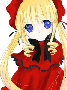 Rating: Safe Score: 0 Tags: 1girl bangs blonde_hair blue_eyes blush bow bowtie dress drill_hair image long_hair long_sleeves looking_at_viewer red_dress ribbon shinku sidelocks simple_background solo twintails upper_body white_background User: admin