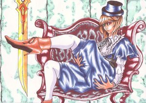 Rating: Safe Score: 0 Tags: 1girl blue_dress brown_hair dress frills hat heterochromia image long_sleeves red_eyes shoes short_hair sitting solo souseiseki top_hat traditional_media weapon white_legwear User: admin