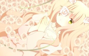 Rating: Safe Score: 0 Tags: 1girl bangs blonde_hair blurry blurry_foreground depth_of_field dress eyepatch flower hair_ornament image kirakishou long_hair looking_at_viewer parted_lips rose solo thorns white_flower white_rose wide_sleeves User: admin
