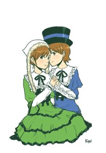 Rating: Safe Score: 0 Tags: 2girls blue_dress blush brown_eyes brown_hair dress frills green_dress hat holding_hands image interlocked_fingers long_sleeves multiple_girls pair ribbon short_hair siblings sisters smile souseiseki suiseiseki top_hat twins white_background yuri User: admin