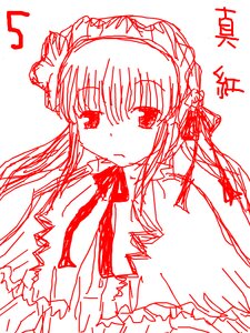 Rating: Safe Score: 0 Tags: 1girl blush bow dress frills hairband image long_hair long_sleeves looking_at_viewer monochrome ribbon shinku simple_background sketch solo upper_body white_background User: admin