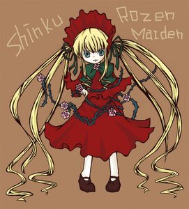 Rating: Safe Score: 0 Tags: 1girl absurdly_long_hair blonde_hair blue_eyes bonnet bow brown_background dress flower full_body green_bow image long_hair long_sleeves looking_at_viewer red_dress rose shinku shoes solo standing twintails very_long_hair User: admin