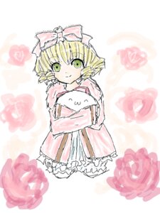 Rating: Safe Score: 0 Tags: 1girl blonde_hair bow flower green_eyes hair_bow hina_ichigo hinaichigo image looking_at_viewer pink_bow pink_dress pink_flower pink_rose pointy_ears red_flower red_rose rose short_hair smile solo striped vertical_stripes User: admin