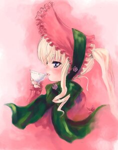 Rating: Safe Score: 0 Tags: 1girl blonde_hair blue_eyes blush bonnet bow cup dress flower holding_cup image long_hair long_sleeves looking_afar pink_background profile rose saucer shinku sidelocks solo teacup twintails upper_body User: admin