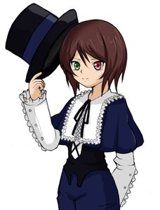 Rating: Safe Score: 0 Tags: 1girl blue_dress brown_hair dress frills green_eyes hat hat_removed headwear_removed heterochromia holding_clothes holding_hat image long_sleeves looking_at_viewer red_eyes ribbon short_hair simple_background smile solo souseiseki top_hat white_background User: admin