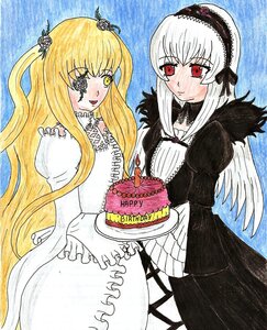 Rating: Safe Score: 0 Tags: 2girls black_wings blonde_hair blush dress eyepatch flower frills image kirakishou long_hair long_sleeves multiple_girls pair red_eyes rose smile suigintou traditional_media wings yellow_eyes User: admin