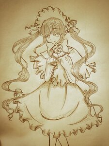 Rating: Safe Score: 0 Tags: 1girl bangs dress flower frills image long_hair long_sleeves looking_at_viewer monochrome photo rose shinku solo standing traditional_media twintails very_long_hair User: admin