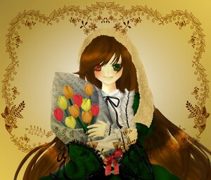 Rating: Safe Score: 0 Tags: 1girl brown_hair dress flower food green_dress green_eyes image long_hair long_sleeves looking_at_viewer red_eyes solo suiseiseki very_long_hair User: admin