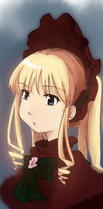 Rating: Safe Score: 0 Tags: 1girl blonde_hair blue_eyes bonnet bow bowtie dress face green_bow green_neckwear image long_hair long_sleeves looking_afar red_dress shinku sidelocks solo twintails User: admin