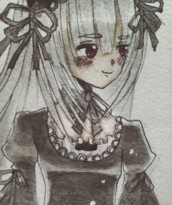 Rating: Safe Score: 0 Tags: 1girl blush dress flower image long_sleeves looking_at_viewer monochrome puffy_sleeves ribbon simple_background smile solo suigintou traditional_media upper_body User: admin