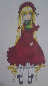 Rating: Safe Score: 0 Tags: 1girl black_footwear blonde_hair blue_eyes bonnet bow bowtie dress drill_hair full_body green_bow image long_hair long_sleeves looking_at_viewer red_dress shinku shoes simple_background solo standing traditional_media twin_drills twintails very_long_hair User: admin