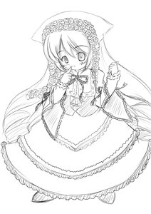 Rating: Safe Score: 0 Tags: 1girl dress flower frills full_body greyscale image long_hair long_sleeves looking_at_viewer monochrome rose smile solo suiseiseki very_long_hair User: admin