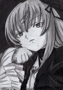 Rating: Safe Score: 0 Tags: 1girl artist_name bangs closed_mouth dress_shirt eyebrows_visible_through_hair greyscale hair_ribbon half-closed_eyes image jacket long_hair long_sleeves looking_at_viewer monochrome one_side_up parted_lips ribbon shirt solo suigintou traditional_media upper_body User: admin