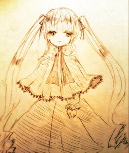 Rating: Safe Score: 0 Tags: 1girl bangs capelet dress hair_ribbon image long_hair looking_at_viewer monochrome ribbon shinku solo twintails very_long_hair User: admin