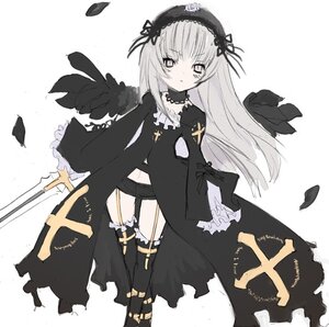 Rating: Safe Score: 0 Tags: 1girl black_wings boots cross dress feathers flower frills full_body hairband image long_hair long_sleeves looking_at_viewer rose solo standing suigintou thighhighs wings User: admin