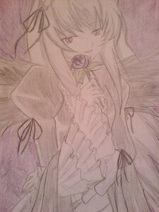 Rating: Safe Score: 0 Tags: 1girl dress flower frills hairband image long_hair long_sleeves looking_at_viewer monochrome ribbon rose shinku solo suigintou traditional_media very_long_hair User: admin