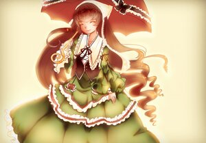 Rating: Safe Score: 0 Tags: 1girl brown_hair closed_eyes dress drill_hair frills green_dress holding_umbrella image lolita_fashion long_hair long_sleeves parasol smile solo suiseiseki twin_drills umbrella very_long_hair User: admin