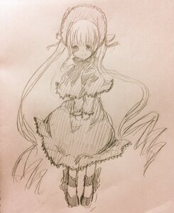 Rating: Safe Score: 0 Tags: 1girl blush bonnet boots capelet dress full_body hat image long_hair long_sleeves looking_at_viewer monochrome shinku smile solo standing traditional_media twintails very_long_hair User: admin