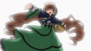 Rating: Safe Score: 0 Tags: 1girl :d brown_hair closed_eyes dress green_dress image long_hair long_sleeves open_mouth outstretched_arms smile solo suiseiseki very_long_hair User: admin