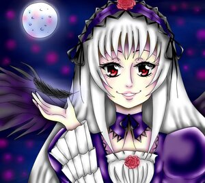 Rating: Safe Score: 0 Tags: 1girl black_wings detached_collar dress feathered_wings flower full_moon hairband image long_hair looking_at_viewer moon purple_rose red_eyes rose silver_hair smile solo suigintou wings User: admin