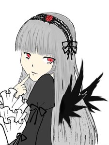 Rating: Safe Score: 0 Tags: 1girl bangs flower frills hairband image index_finger_raised lolita_fashion long_hair long_sleeves looking_at_viewer red_eyes ribbon rose simple_background solo suigintou upper_body white_background User: admin