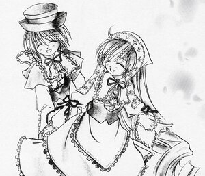 Rating: Safe Score: 0 Tags: 2girls :d ^_^ blush capelet closed_eyes dress frills greyscale hat image long_hair long_sleeves monochrome multiple_girls open_mouth pair ribbon siblings sisters smile souseiseki suiseiseki twins very_long_hair User: admin