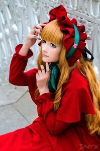 Rating: Safe Score: 0 Tags: 1girl bangs blonde_hair blue_eyes blunt_bangs blurry bonnet dress flower long_hair long_sleeves red_dress shinku solo User: admin