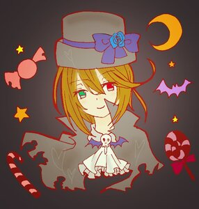 Rating: Safe Score: 0 Tags: blonde_hair crescent_moon halloween hat heterochromia image jack-o'-lantern moon rose smile solo souseiseki star_(symbol) top_hat User: admin