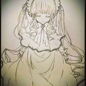 Rating: Safe Score: 0 Tags: 1girl bonnet closed_eyes dress drill_hair frills image long_hair long_sleeves monochrome shinku simple_background solo traditional_media twintails very_long_hair User: admin