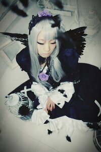 Rating: Safe Score: 0 Tags: 1girl black_dress black_feathers blurry chain closed_eyes depth_of_field dress feathers flower long_hair long_sleeves photo solo suigintou white_hair User: admin
