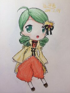 Rating: Safe Score: 0 Tags: 1girl :d ahoge blush chibi dress drill_hair flower full_body green_eyes green_hair hair_ornament image kanaria long_sleeves open_mouth photo smile solo standing traditional_media twin_drills wide_sleeves User: admin