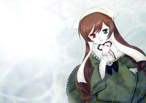 Rating: Safe Score: 0 Tags: 1girl brown_hair dress frills green_dress green_eyes head_scarf heterochromia image long_hair long_sleeves looking_at_viewer red_eyes solo suiseiseki very_long_hair wide_sleeves User: admin