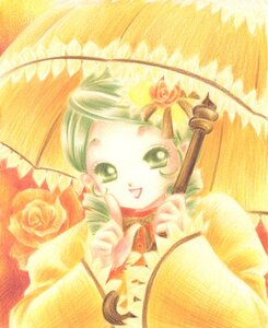 Rating: Safe Score: 0 Tags: 1girl :d flower green_eyes green_hair hair_ornament image kanaria looking_at_viewer open_mouth pink_rose red_flower red_rose rose smile solo umbrella upper_body yellow_background User: admin