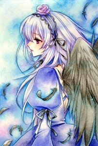 Rating: Safe Score: 0 Tags: 1girl black_ribbon black_wings dress feathered_wings feathers flower frills hairband image long_hair long_sleeves looking_at_viewer puffy_sleeves ribbon silver_hair solo suigintou traditional_media wings User: admin